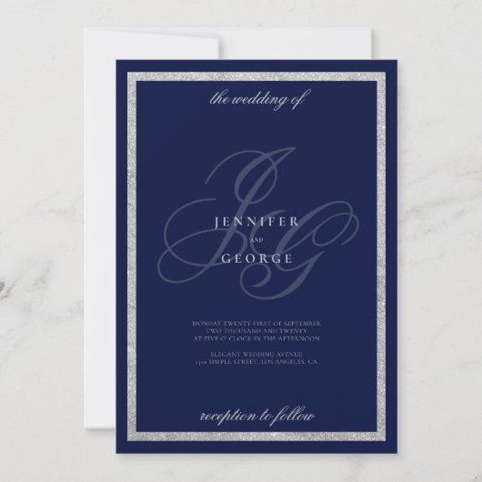 Elegant Silver Navy Blue monogram in hoofdletters  Kaart (Voorkant)