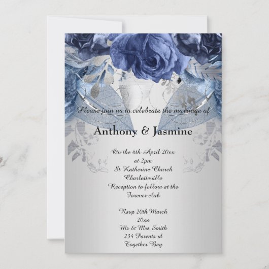 ELEGANT SILVER NAVY FLORAL ROOS WEDDING INVITATION KAART (Voorkant)