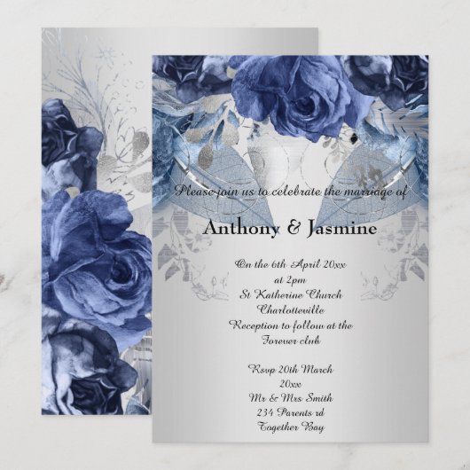 ELEGANT SILVER NAVY FLORAL ROOS WEDDING INVITATION KAART (Voorkant / Achterkant)