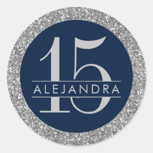 Elegant Silver Navy Quinceanera 15th Birthday Ronde Sticker