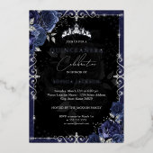 Elegant Silver Navy Roos Quinceanera Folie Uitnodiging (Voorkant)