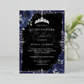 Elegant Silver Navy Roos Quinceanera Folie Uitnodiging (Staand Voorkant)