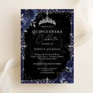 Elegant Silver Navy Roos Quinceanera Folie Uitnodiging