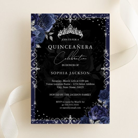 Elegant Silver Navy Roos Quinceanera Folie Uitnodiging