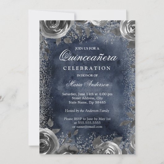 Elegant Silver Navy Waterverf Quinceanera Invite Kaart (Voorkant)