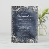 Elegant Silver Navy Waterverf Quinceanera Invite Kaart (Staand voorkant)