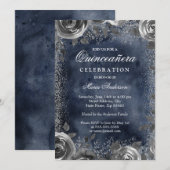 Elegant Silver Navy Waterverf Quinceanera Invite Kaart (Voorkant / Achterkant)