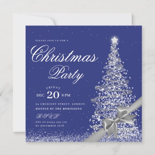 Elegant Silver Navy Winter Christmas Tree Bow  Kaart (Voorkant)