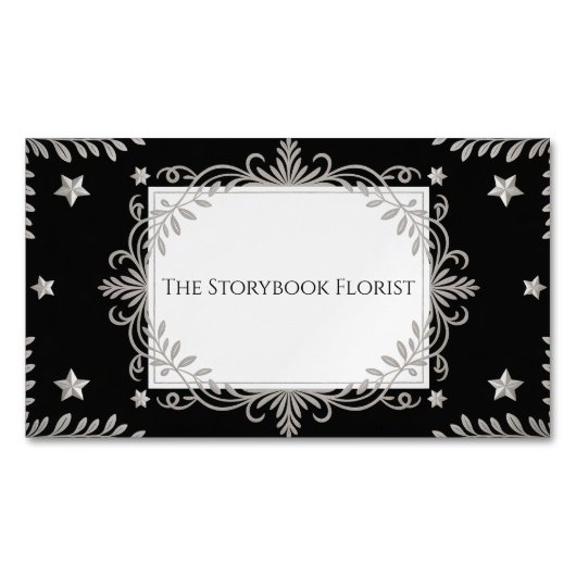 Elegant Silver Ornate Star & Leaf Black Celestial Magnetisch Visitekaartje (Voorkant)