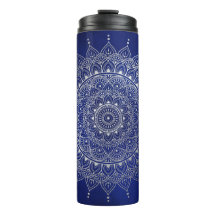 Elegant Silver over Deep Blue Floral Henna Mandala