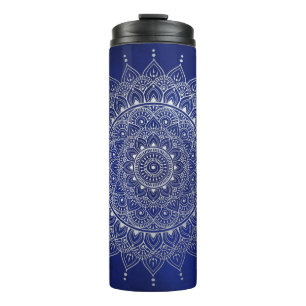 Elegant Silver over Deep Blue Floral Henna Mandala Thermosbeker