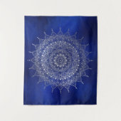 Elegant Silver over Deep Blue Floral Henna Mandala Wandkleed (Voorkant)