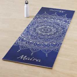 Elegant Silver over Deep Blue Floral Henna Mandala Yogamat