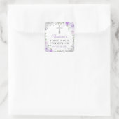Elegant Silver Paarse Floral Eerste Heilige Commun Vierkante Sticker (Tas)
