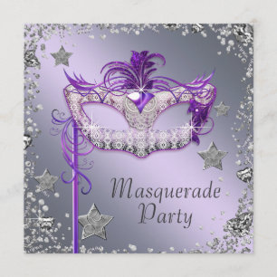 Elegant Silver Paarse Masquerade Party Kaart