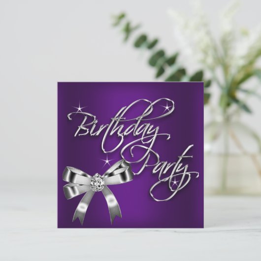 Elegant Silver Paarse Woman's Birthday Party Kaart (Staand voorkant)