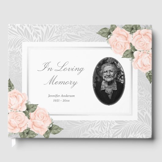 Elegant Silver Peach Rozen Botanische Funeral Phot Gastenboek (Voorkant)
