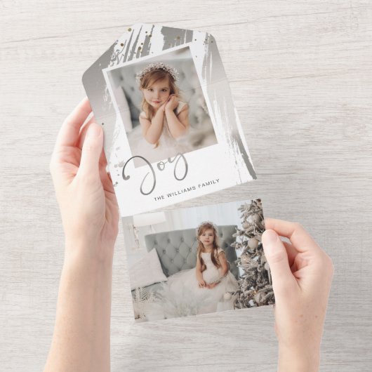 Elegant Silver-penseelstreken met joy Script-foto All In One Uitnodiging (Afscheurbaar)