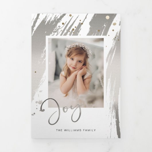 Elegant Silver-penseelstreken met joy Script-foto Drieluik Kaart (Cover)
