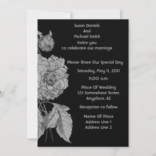 Elegant Silver Peony Black Floral Wedding Invite Kaart (Voorkant)