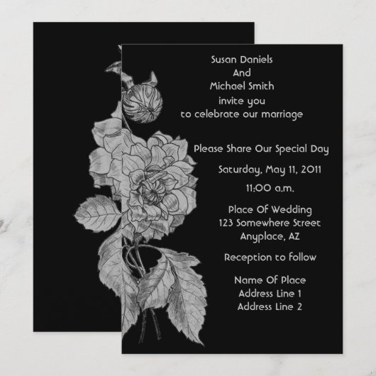 Elegant Silver Peony Black Floral Wedding Invite Kaart (Voorkant / Achterkant)