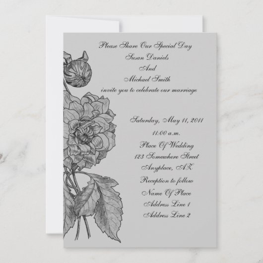 Elegant Silver Peony Flower Wedding Invite Kaart (Voorkant)