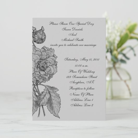 Elegant Silver Peony Flower Wedding Invite Kaart (Staand voorkant)