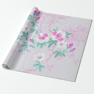 ELEGANT SILVER PINK AQUA FLORAL BIRTHDAY WEDDING CADEAUPAPIER