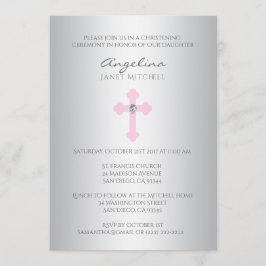 Elegant Silver Pink Cross Girl Baptism Christening Kaart