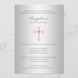 Elegant Silver Pink Cross Girl Baptism Christening Kaart