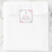 Elegant Silver Pink Floral First Heilige Communie Vierkante Sticker (Tas)