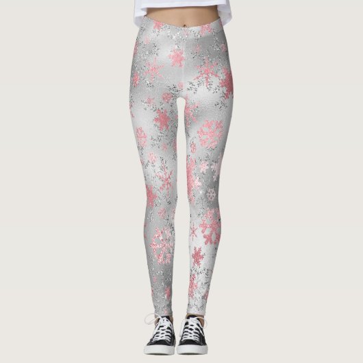 Elegant Silver Pink-kerstboomschilderpatroon Leggings (Voorkant)