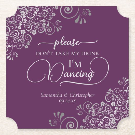 Elegant Silver & Plum Don't Take My Drink Wedding Kartonnen Onderzetters (Voorkant)