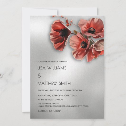 Elegant Silver Red Flowers | Photo Wedding Kaart (Voorkant)