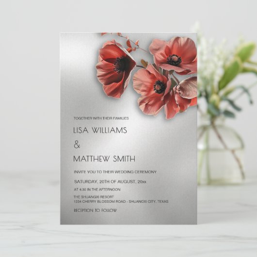 Elegant Silver Red Flowers | Photo Wedding Kaart (Staand voorkant)