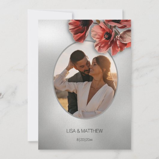 Elegant Silver Red Flowers | Photo Wedding Kaart (Achterkant)