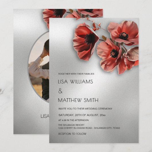 Elegant Silver Red Flowers | Photo Wedding Kaart (Voorkant / Achterkant)