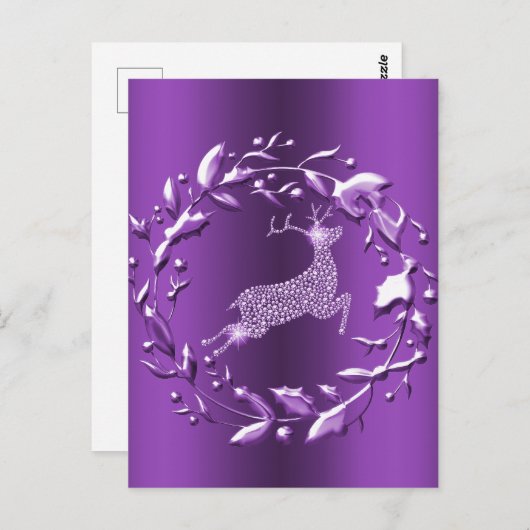 Elegant Silver Reindeer, Paarse kerst met grote ad Briefkaart (Voorkant / Achterkant)