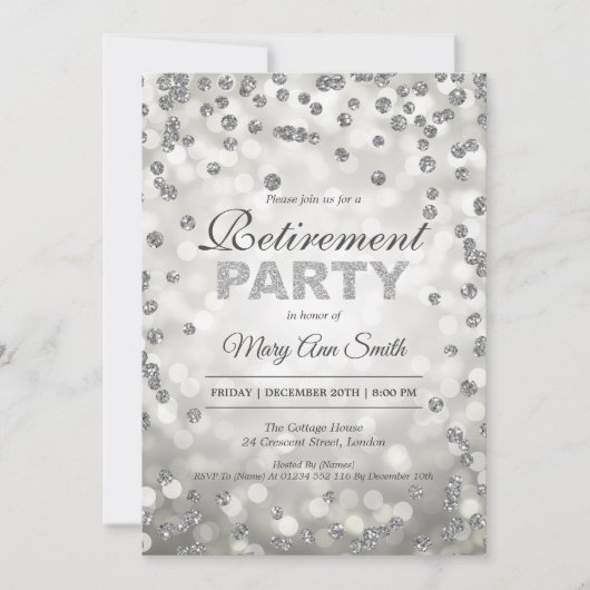 Elegant Silver Retirement Party Confetti & Lights Kaart (Voorkant)