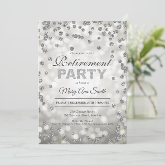 Elegant Silver Retirement Party Confetti & Lights Kaart (Staand voorkant)