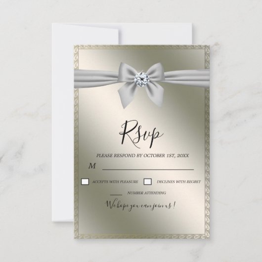Elegant Silver Ribbon Bow Wedding RSVP Kaartje (Voorkant)
