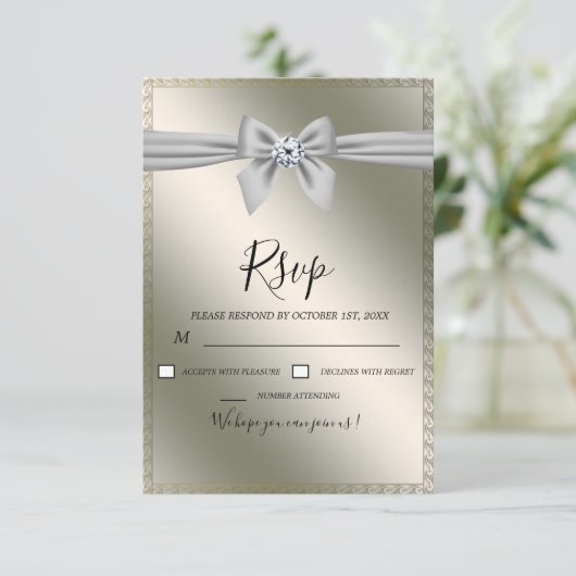 Elegant Silver Ribbon Bow Wedding RSVP Kaartje
