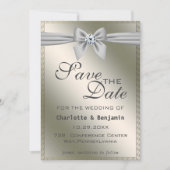 Elegant Silver Ribbon & Gemstone Save the Date (Voorkant)