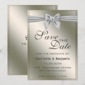 Elegant Silver Ribbon & Gemstone Save the Date (Voorkant / Achterkant)
