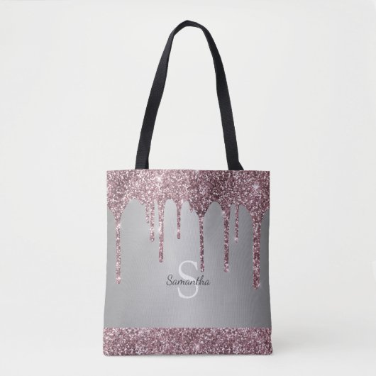 Elegant Silver Roos Gold Pink Glitter Monogram Tote Bag (Voorkant)