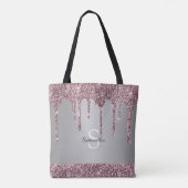 Elegant Silver Roos Gold Pink Glitter Monogram Tote Bag (Achterkant)