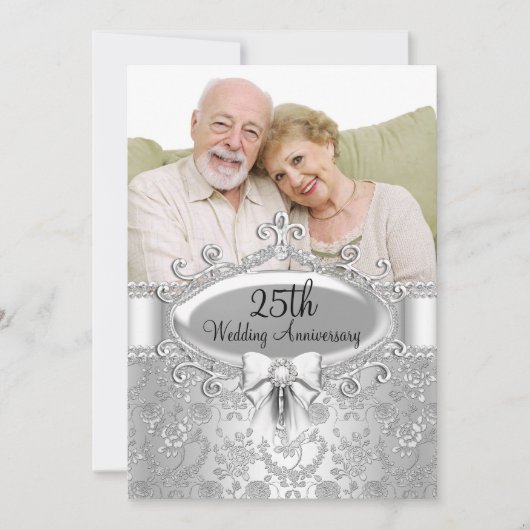 Elegant Silver Roos Photo 25th Jubileum Invite Kaart (Voorkant)