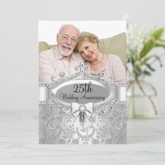 Elegant Silver Roos Photo 25th Jubileum Invite Kaart (Staand voorkant)