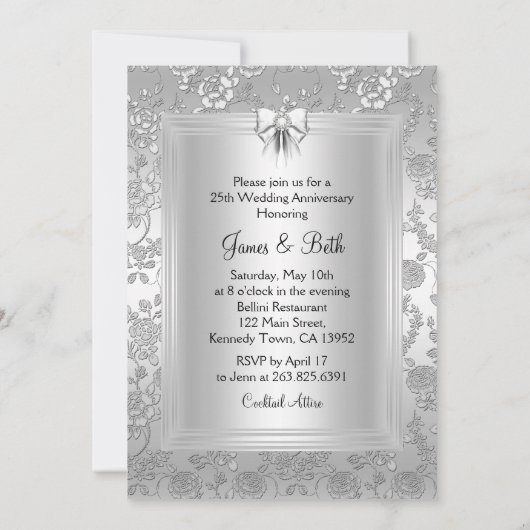 Elegant Silver Roos Photo 25th Jubileum Invite Kaart (Achterkant)