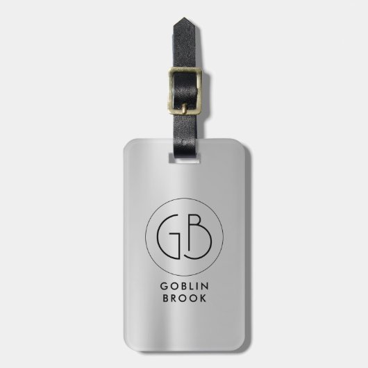 Elegant Silver Round brushed metallic Monogram Bagagelabel (Voorkant verticaal)
